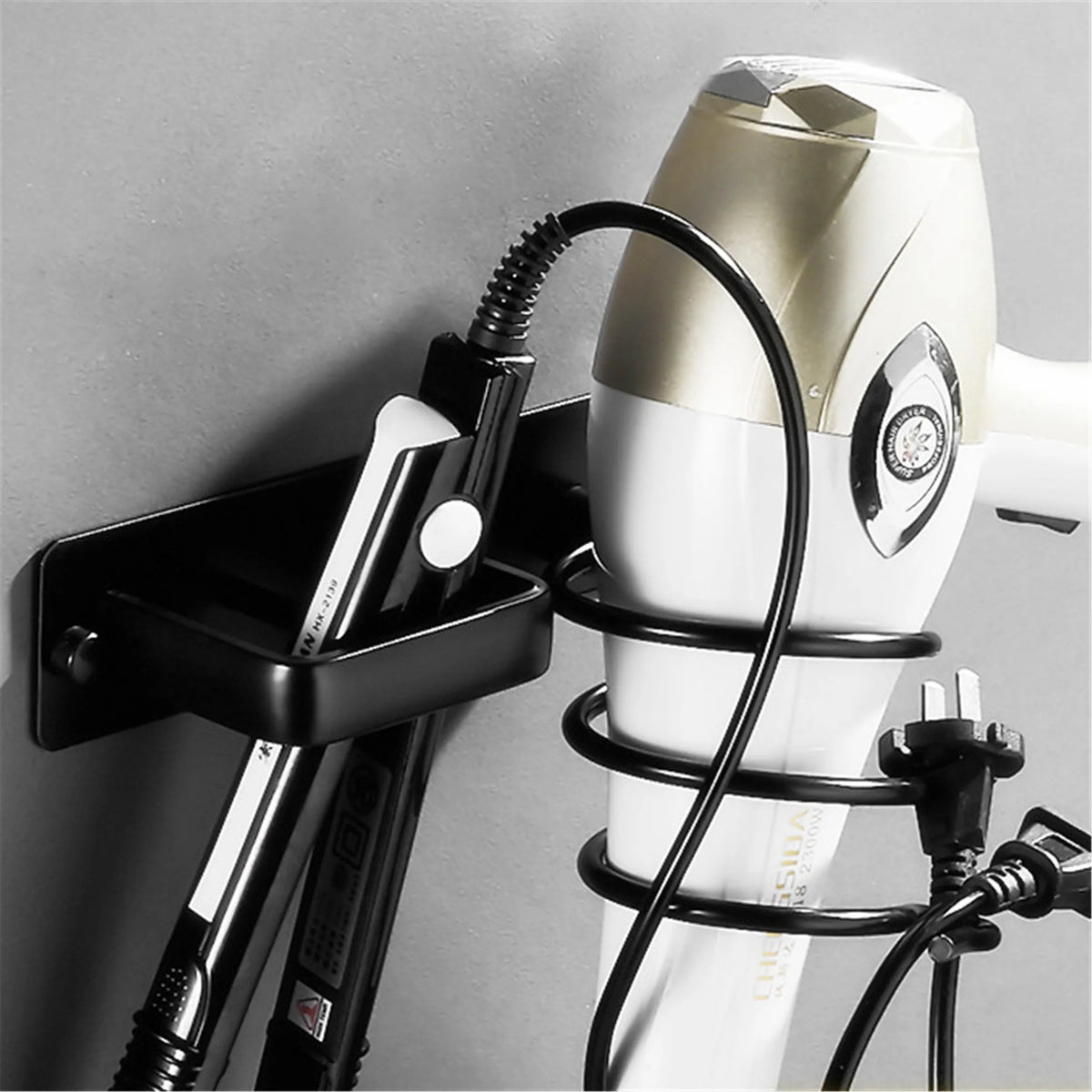 Wall-Mounted Black Hair Dryer Holder