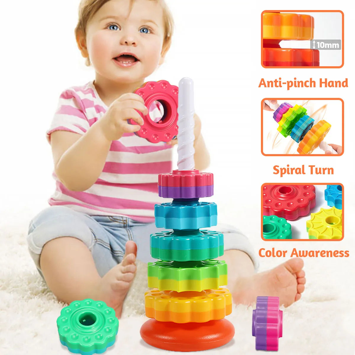Montessori Rotating Rainbow Tower Toy