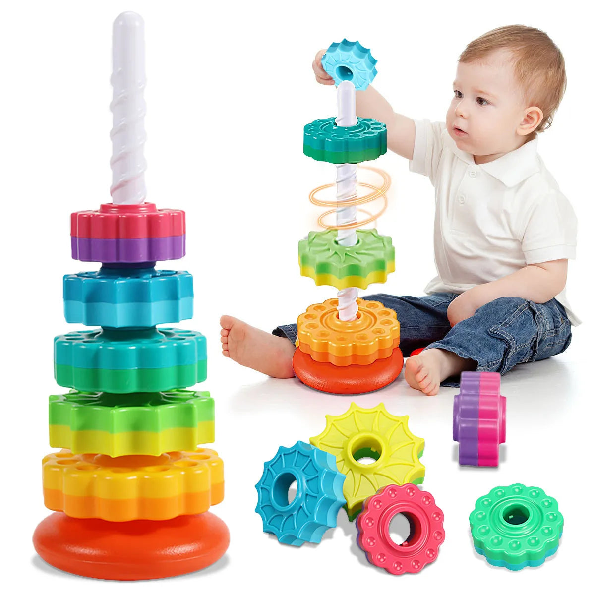 Montessori Rotating Rainbow Tower Toy